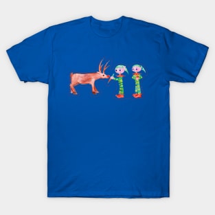 Elves feeding reindeer in Gouache T-Shirt